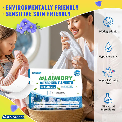 FIXSMITH Laundry Detergent Sheets - 200 Loads (100 Sheets), Fresh Linen Scent, Eco-Friendly, Plastic-Free, Travel Strips