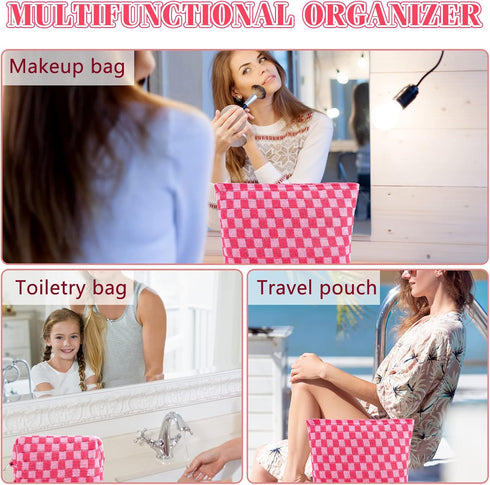 3Pcs Checkered Makeup Bag for Women, Large Cosmetic Bag Set, Travel Toiletry Bag, Pink Zipper Organizer