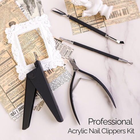 Melodysusie Acrylic Nail Clippers 4 in 1 Set, Adjustable Stainless Steel Nail Clippers for Acrylic Nails Tips, Professional Cuticle Nipper Cutter Cuticle Pusher Remover, Nail Salon Tool, Black