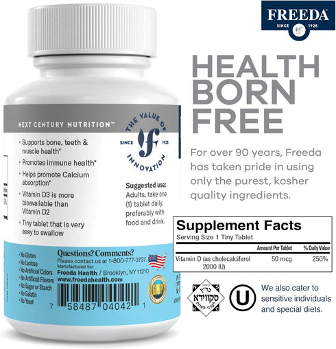 FREEDA Vitamin D3-2000 IU - Pure High Potency Kosher Supplement for Bone & Muscle Health - 250 Count