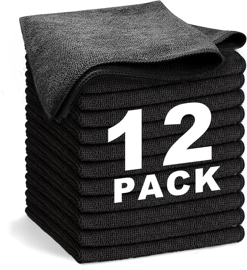 Black Microfiber Cleaning Cloth 13"x13", Ultra Soft Absorbent Rags for Housekeeping, Lint Free Reusable Cleaning Cloths