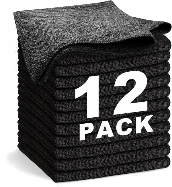 Black Microfiber Cleaning Cloth 13"x13", Ultra Soft Absorbent Rags for Housekeeping, Lint Free Reusable Cleaning Cloths