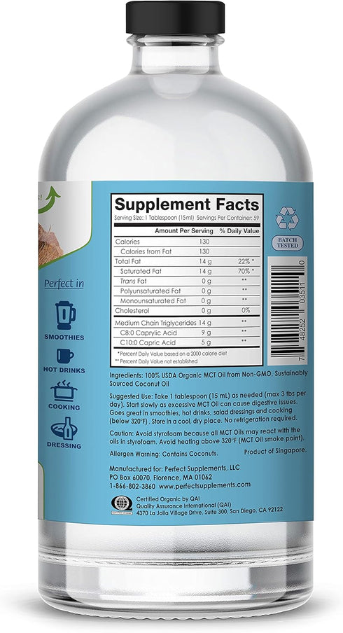 Perfect Supplements Perfect MCT Oil - 30oz Organic Coconut Unflavored Oil for Sustainable Energy Boost