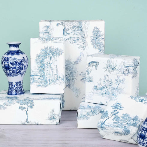 Bolsome 12Pcs French Style Wrapping Paper, Blue White Vintage Village Printed Gift Wrap Paper for Wedding Birthday DIY
