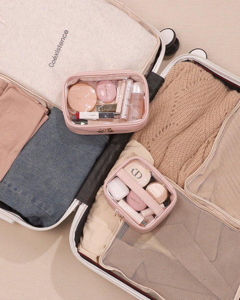 Pocmimut Makeup Bag, PU Leather Clear Travel Makeup Bag, Car Essentials for Women, Cosmetic Bag Organizers (Pink)