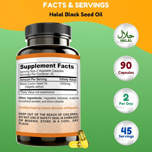Halal Black Seed Oil, 1000mg, 45 Servings, Supports Hair, Skin, Joints, Immune, Heart, Digestion