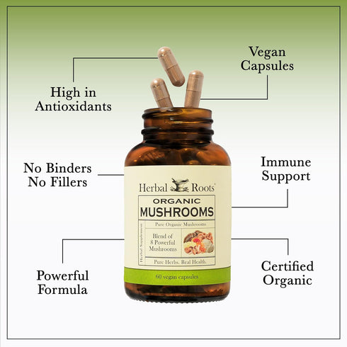 Herbal Roots Organic 8 Mushroom Blend Supplement Capsules - 100% Fruiting Body Extracts for Wellness and Immunity