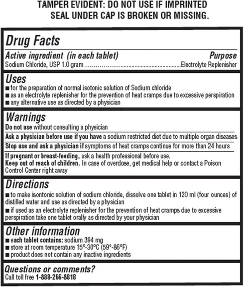 Sodium Chloride Tablets 1 Gm, 300 Count, Normal Salt Tablets (15.4gr.)