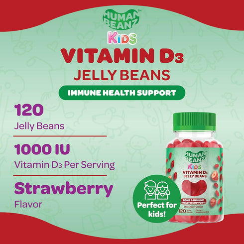 Vitamin D3 Jelly Bean Gummies for Kids, 25mcg/1000 IU Vitamin D, Nutritional Vegetarian Supplements, 120 Strawberry Blast Jelly Beans, Kosher