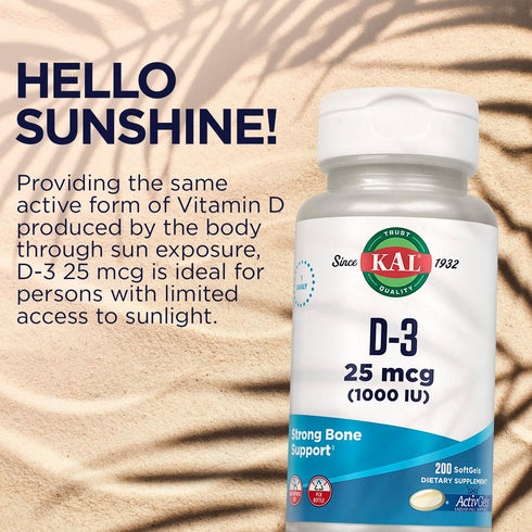 KAL Vitamin D3 1000 IU Softgels (25 mcg), Liquid Filled ActivGel, 200 Servings for Bone Health