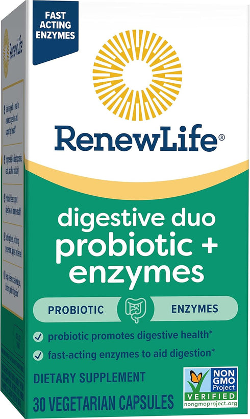 Renew Life Digestive Duo Probiotic + Enzymes, 30 Vegetarian Capsules, Promotes Digestive Health
