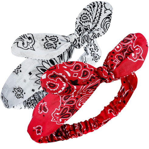 Hicarer 2 Pieces Bandana Headband, Adjustable Headwrap, Knot Retro Print Paisley Print (Red, White)
