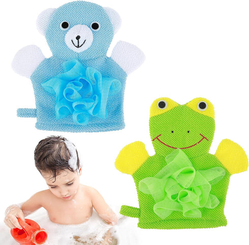 2 Pcs Bath Mitt Washcloths Gloves, Cute Cartoon Exfoliating Glove Body Scrubber for Kids Shower (Blue Bear, Green Frog)