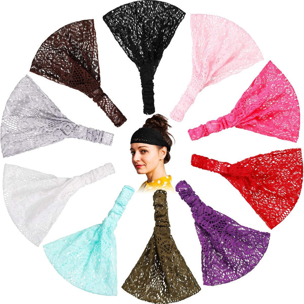WILLBOND 10 Pieces Lace Elastic Headwrap - Boho Bandana Hair Accessories for Women in 10 Colors