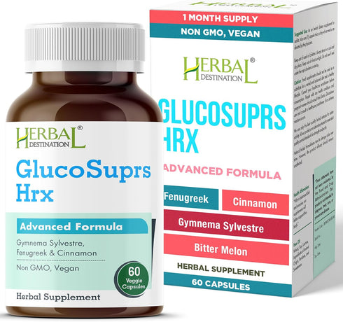 Herbal Destination GlucoSuprs Hrx - Gymnema, Bitter Melon, Salacia, Fenugreek, Cinnamon and Jambolan -