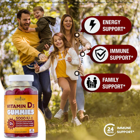 NEW AGE Vitamin D3 5000 IU 125mcg Gummies - Immune Support, Strong Bone Health - Non-GMO, Gluten-Free, Dairy-Free (180