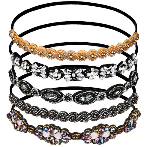 Teenitor Elastic Beaded Headbands, 5pcs Crystal Rhinestone for Women & Girls