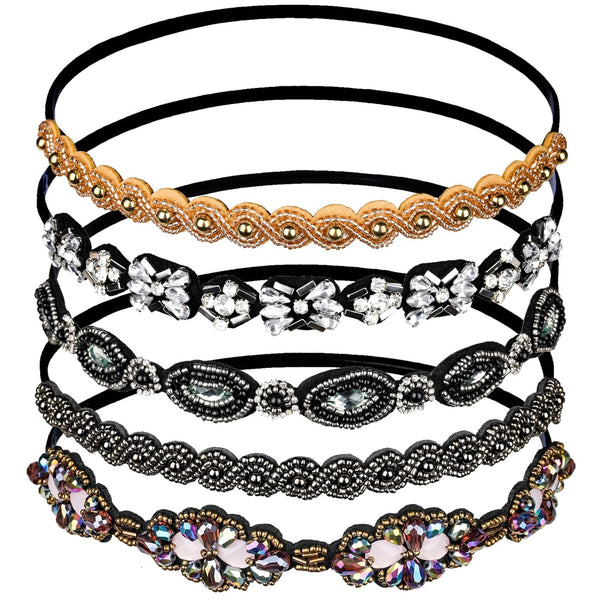 Teenitor Elastic Beaded Headbands, 5pcs Crystal Rhinestone for Women & Girls