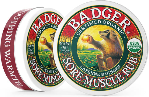 Badger Sore Muscle Rub, Organic Cayenne Pepper and Ginger Balm, Warming Muscle Relief, 0.75 oz (2 Pack)