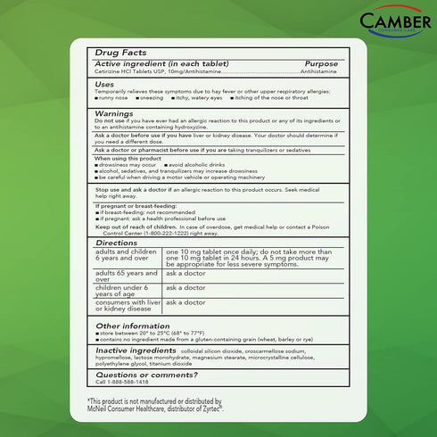 CAMBER PHARMACEUTICALS, INC Cetirizine HCI 10mg Tablets, 24-Hour Allergy Relief, 500 Count