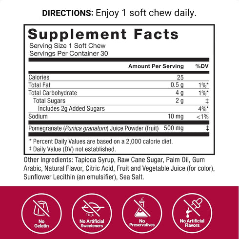Force Factor Pomegranate Soft Chews for Healthy Aging, 30 Soft Chews, Non-GMO, Vegan