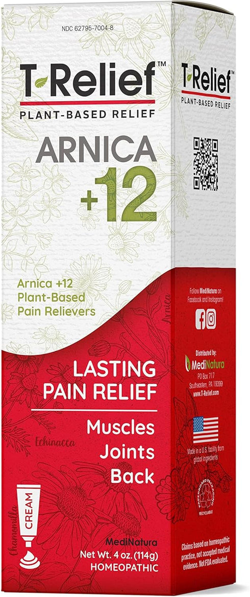 T-Relief Arnica +12 Cream for Back Pain, Joint Soreness, Muscle Aches & Stiffness, Fast Acting Relief, 4 oz