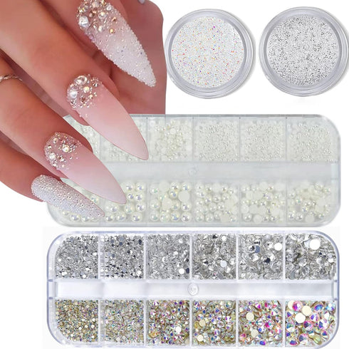 4 Boxes Flatback Rhinestones and Pearls Nail Charms for Acrylics, Crystals, Half Rounds for DIY Nail Art