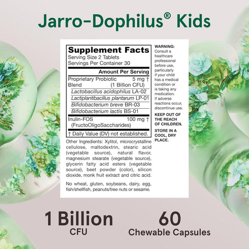 Jarrow Formulas Jarro-Dophilus Kids Probiotics, 60 Sugar-Free Raspberry-Flavored Chewable Tablets, 1 Billion CFU
