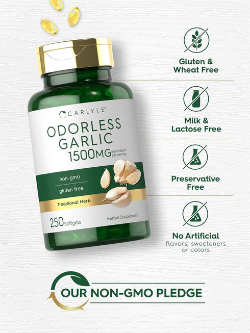 Carlyle Odorless Garlic Softgels 1500mg - 250 Count, Non-GMO, Gluten Free Extract Supplement