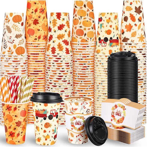 Jingmore 48 Sets 16oz Disposable Paper Coffee Cups with Lids Sleeves Straws Holiday