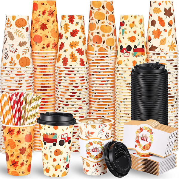 Jingmore 48 Sets 16oz Disposable Paper Coffee Cups with Lids Sleeves Straws Holiday