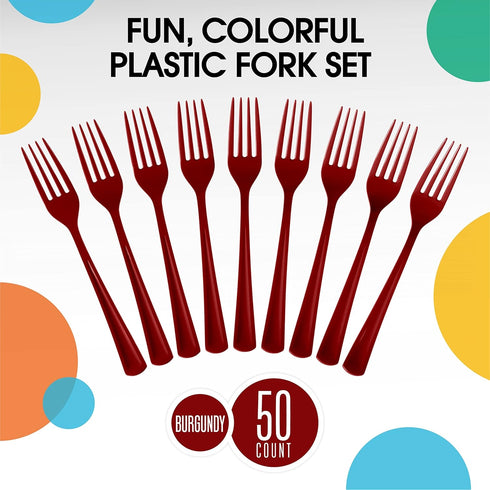 50 Pcs Disposable Burgundy Plastic Forks, Heavy Duty Burgundy Cutlery for Parties, Exquisite Flatware
