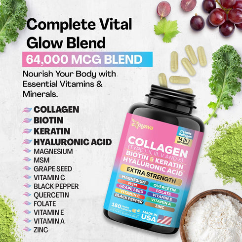 Zoyava Collagen Pills with Peptides Types I, II, III, V & X, Biotin, Keratin, Hyaluronic Acid, MSM, Vitamins A, C, E,