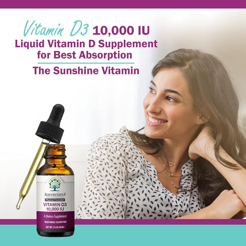 Vitamin D Liquid Drops for Adults: Vegan D3 10000 IU for Immune Support & Bone Strength, 30ml, 30 Servings