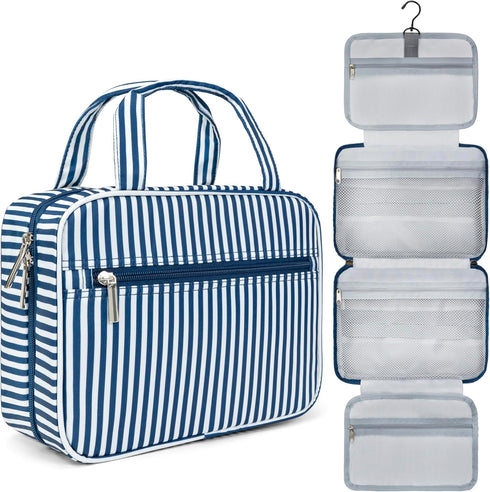 PAVILIA Hanging Toiletry Bag, Foldable Cosmetic Organizer for Women Men, Water Resistant Travel Essentials Kit, Navy