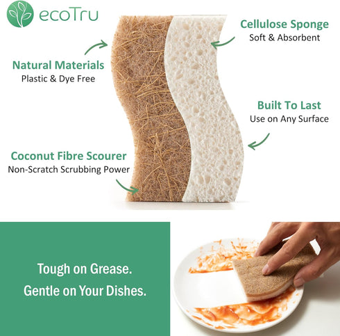 6 Pack Natural Kitchen Sponges, Compostable White Cellulose & Organic Coconut Scrubber Sponge for Washing Dishes, Kind Eco Friendly Non-Scratch & Biodegradable Dish Sponges by ecotru