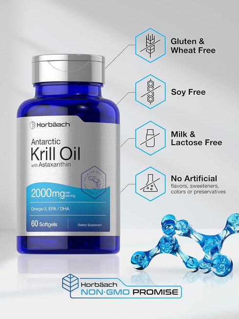 Horbaach Antarctic Krill Oil 2000mg, 60 Softgel Capsules | Omega-3, EPA, DHA Supplement with Astaxanthin