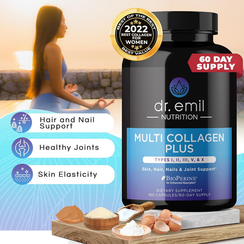 DR. EMIL NUTRITION Multi Collagen Pills - 180 Capsules for Hair, Skin, Nails, & Joints, Hydrolyzed Collagen