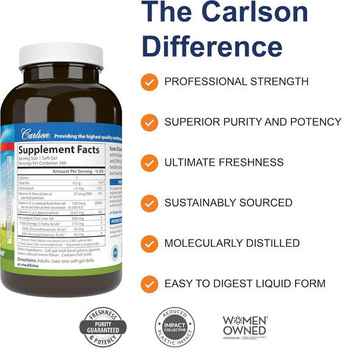 Carlson Solar D Gems, Vitamin D3 and Omega-3 Supplement, 360 Softgels, Bone & Immune Health, Lemon Flavor