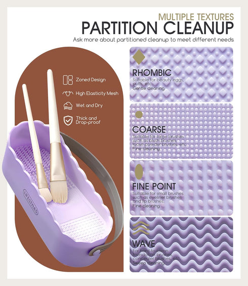 Makeup Brush Cleaning Tool with Drying Holder Mat, Organizer Storage Box for Makeup Sponges (Purple)