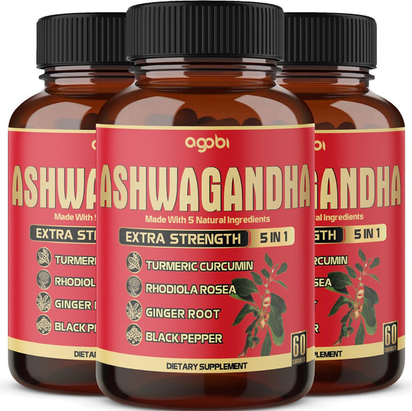 3 Packs Ashwagandha Supplement 5200mg - 5in1 with Ginger, Turmeric, Rhodiola Rosea, 6-Month Supply