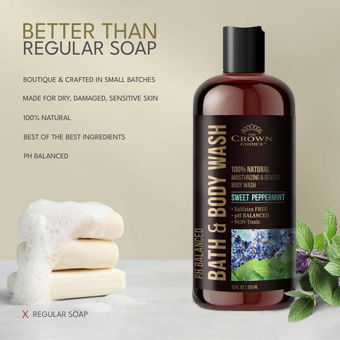 Natural Body Wash for Women, Men & Kids - Peppermint & Lavender - 12oz, Moisturizing Liquid Soap