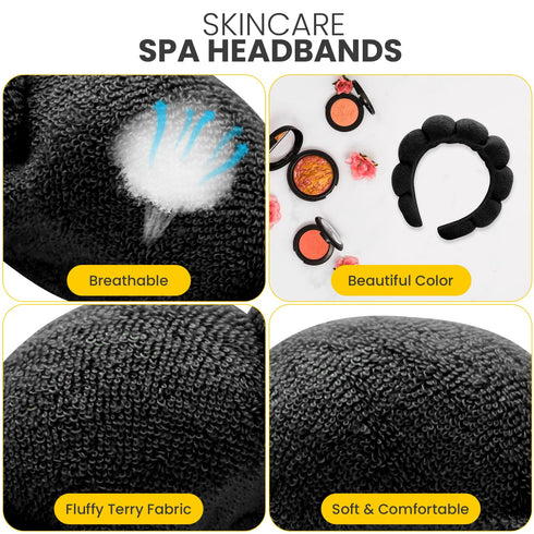 Spa Headband for Washing Face with Wristband, Set of 2 Sponge Makeup Headbands for Women, Black & Pink