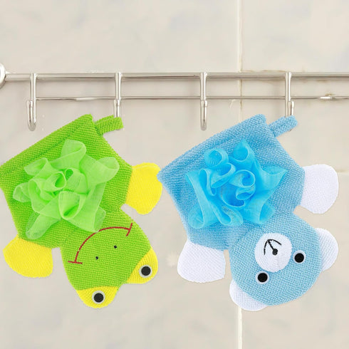 2 Pcs Bath Mitt Washcloths Gloves, Cute Cartoon Exfoliating Glove Body Scrubber for Kids Shower (Blue Bear, Green Frog)