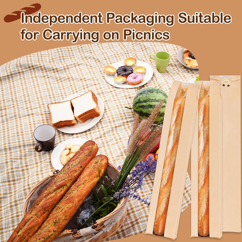 MXYEVL 50 Pack Baguette Bags for Homemade Bread with Stickers, Reusable Kraft Paper Bread Bags, Long Sourdough Paper
