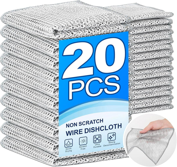 20 Pcs Non-Scratch Wire Dishwashing Rags, Multipurpose Cleaning Cloths for Kitchen, Tableware, and Metal