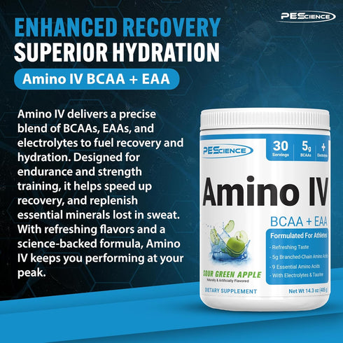PEScience Amino IV BCAA & EAA Powder, Sour Green Apple, 60 Scoop, Sugar Free for Hydration and Muscle Recovery