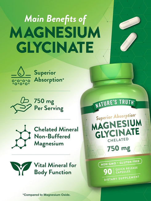 Nature's Truth Magnesium Glycinate | 750mg | 90 Quick Release Capsules | Non-GMO & Gluten Free