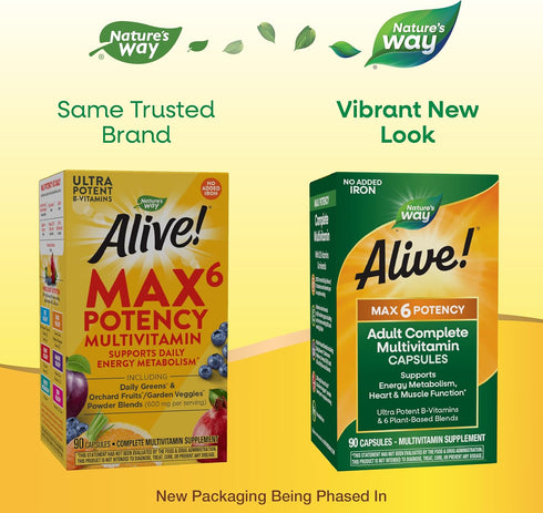Max6 B12 90 Nature's Way Alive! Potency Adult Complete Multivitamin, Vitamins A,C, E & B-Vitamins, Methyl & Folate