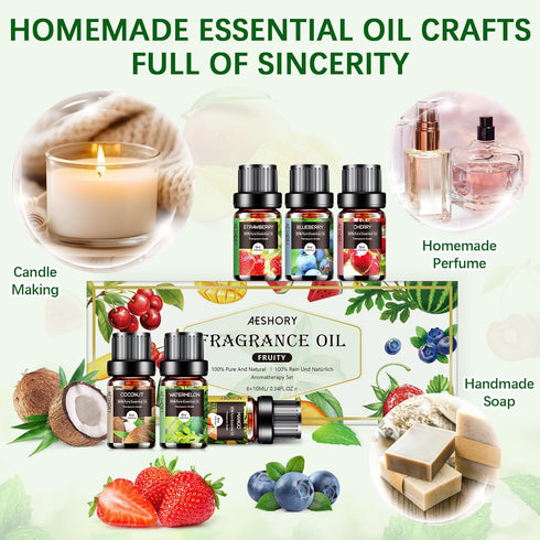 Set 6x10ML Fruity Essential Oils - Fruit Fragrance Oil for Diffuser, Aromatherapy, Candle Making - Strawberry, Cherry